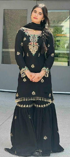 Black and Grey color Salwar Kameez in Chinon Silk fabric with Embroidered, Thread, Zari work