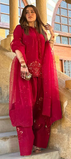 Red and Maroon color Salwar Kameez in Crepe Silk fabric with Sequence, Thread work
