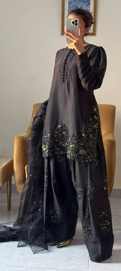 Black and Grey color Salwar Kameez in Crepe Silk fabric with Sequence, Thread work