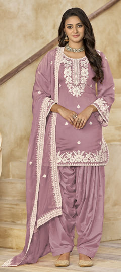 Pink and Majenta color Salwar Kameez in Chanderi Silk fabric with Embroidered, Sequence, Thread work
