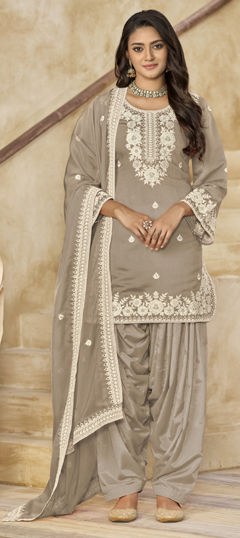 Beige and Brown color Salwar Kameez in Chanderi Silk fabric with Embroidered, Sequence, Thread work