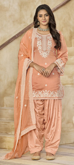 Orange color Salwar Kameez in Chanderi Silk fabric with Embroidered, Sequence, Thread work