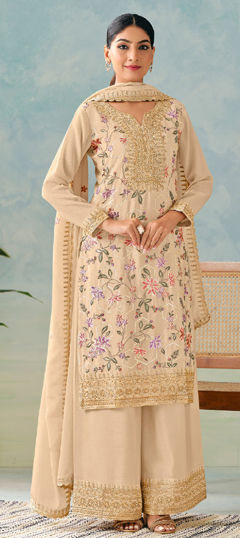 Beige and Brown color Salwar Kameez in Chinon Silk fabric with Embroidered, Sequence, Thread, Zari work