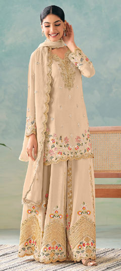 Beige and Brown color Salwar Kameez in Chinon Silk fabric with Embroidered, Sequence, Thread, Zari work