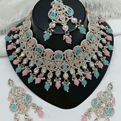 Gold Rodium Polish Blue color Necklace in Metal Alloy studded with Austrian diamond, Pearl