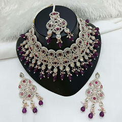 Gold Rodium Polish Purple and Violet color Necklace in Metal Alloy studded with Austrian diamond, Pearl