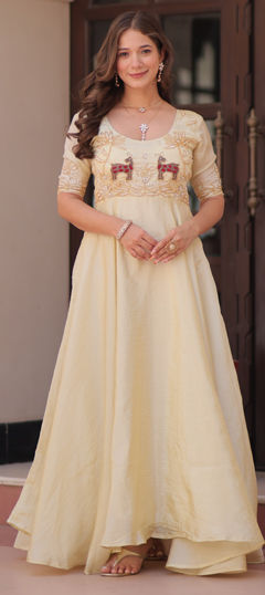 White and Off White color Gown in Crushed Silk fabric with Bugle Beads, Embroidered work
