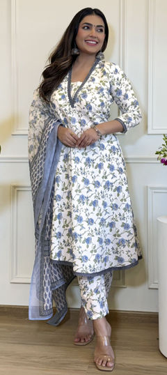 White and Off White color Salwar Kameez in Cotton fabric with Floral, Lace, Printed work
