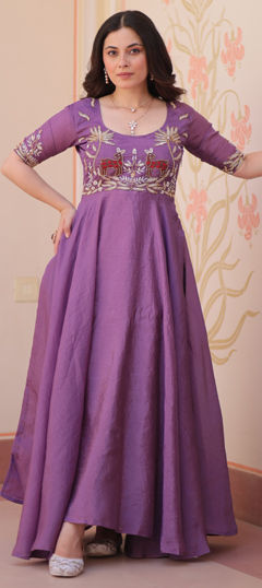 Purple and Violet color Gown in Crushed Silk fabric with Bugle Beads, Embroidered work