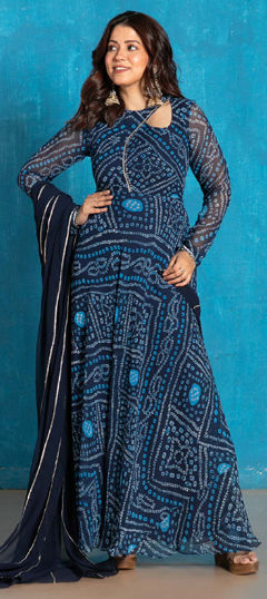 Blue color Gown in Georgette fabric with Bandhej, Gota Patti work