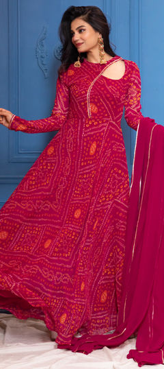 Pink and Majenta color Gown in Georgette fabric with Bandhej, Gota Patti work