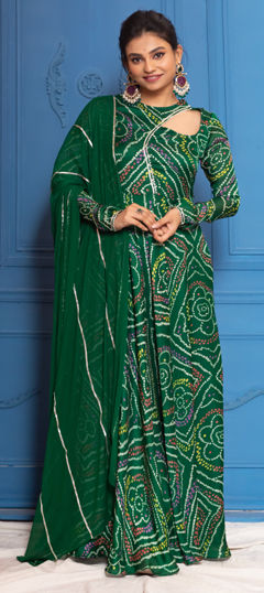Green color Gown in Georgette fabric with Bandhej, Gota Patti work