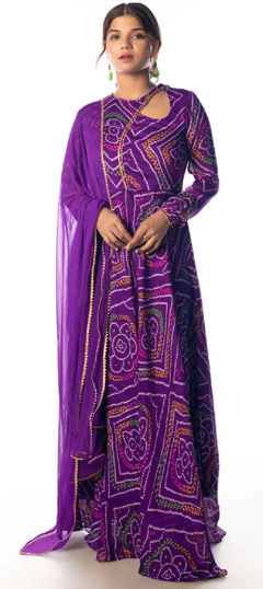Purple and Violet color Gown in Georgette fabric with Bandhej, Gota Patti work