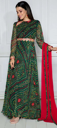 Green color Gown in Georgette fabric with Bandhej, Gota Patti work