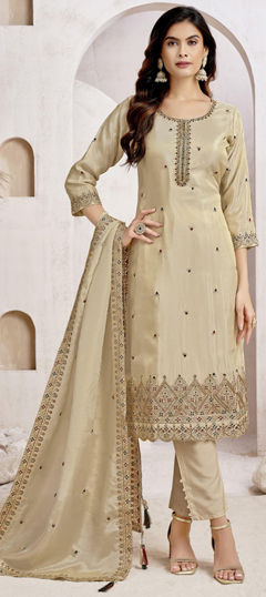 Beige and Brown color Salwar Kameez in Silk fabric with Embroidered, Sequence, Thread, Zari work