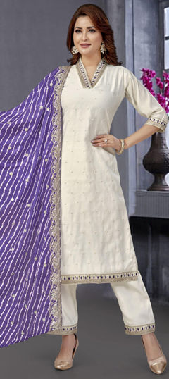 White and Off White color Salwar Kameez in Silk fabric with Embroidered, Zari work