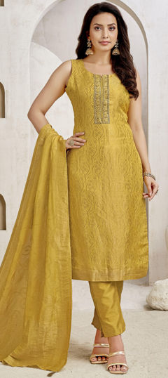 Gold color Salwar Kameez in Silk fabric with Embroidered, Zari work