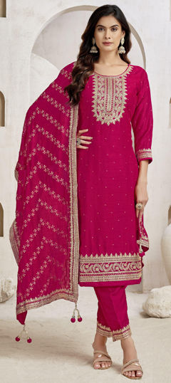 Pink and Majenta color Salwar Kameez in Silk fabric with Embroidered, Zari work