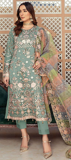Green color Salwar Kameez in Organza Silk fabric with Embroidered, Lace, Thread, Zari work