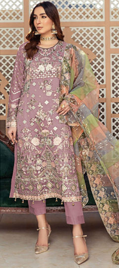 Purple and Violet color Salwar Kameez in Organza Silk fabric with Embroidered, Lace, Thread, Zari work