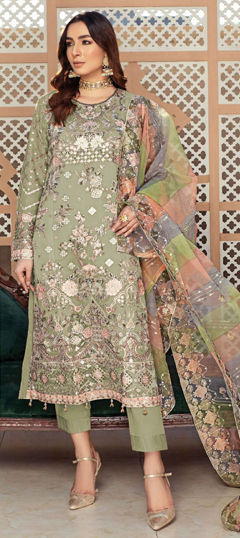 Green color Salwar Kameez in Organza Silk fabric with Embroidered, Lace, Thread, Zari work