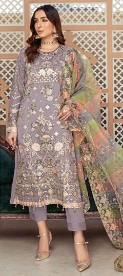 Purple and Violet color Salwar Kameez in Organza Silk fabric with Embroidered, Lace, Thread, Zari work