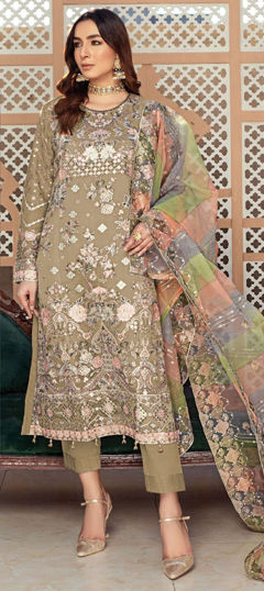 Beige and Brown color Salwar Kameez in Organza Silk fabric with Embroidered, Lace, Thread, Zari work