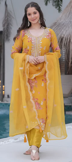 Yellow color Salwar Kameez in Art Silk fabric with Digital Print, Embroidered, Floral, Moti, Sequence work