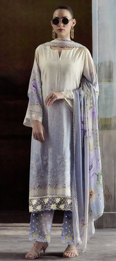 Black and Grey, White and Off White color Salwar Kameez in Muslin fabric with Digital Print, Embroidered, Resham work
