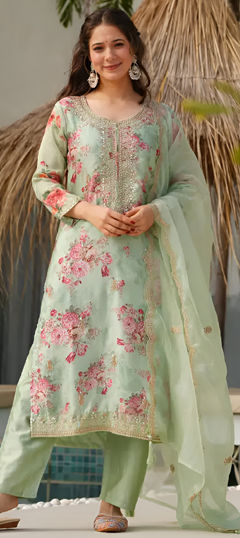 Green color Salwar Kameez in Art Silk fabric with Digital Print, Embroidered, Floral, Moti, Sequence work