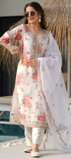 White and Off White color Salwar Kameez in Art Silk fabric with Digital Print, Embroidered, Floral, Moti, Sequence work