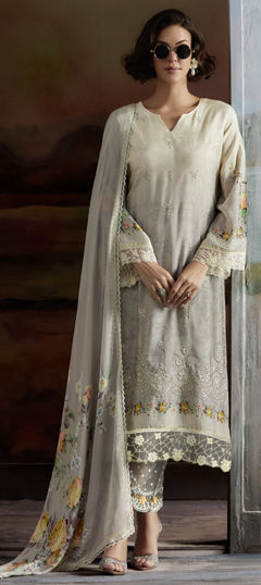 Black and Grey, White and Off White color Salwar Kameez in Muslin fabric with Digital Print, Embroidered, Resham work