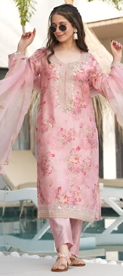 Pink and Majenta color Salwar Kameez in Art Silk fabric with Digital Print, Embroidered, Floral, Moti, Sequence work