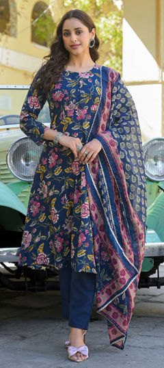 Blue color Salwar Kameez in Viscose fabric with Floral, Printed work