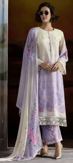Purple and Violet, White and Off White color Salwar Kameez in Muslin fabric with Digital Print, Embroidered, Resham work