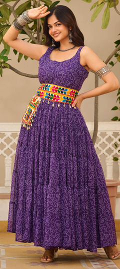 Purple and Violet color Gown in Faux Georgette fabric with Bandhej, Lace, Mirror work