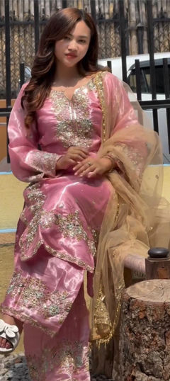 Pink and Majenta color Salwar Kameez in Chinon Silk fabric with Embroidered, Moti, Sequence, Stone, Thread work