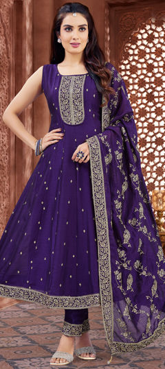 Purple and Violet color Salwar Kameez in Silk fabric with Embroidered, Sequence, Thread, Zari work