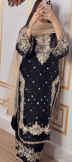 Black and Grey color Salwar Kameez in Chinon Silk fabric with Embroidered, Moti, Sequence, Stone, Thread work