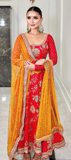 Red and Maroon color Salwar Kameez in Faux Georgette fabric with Embroidered, Sequence, Stone work