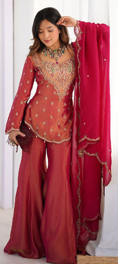 Red and Maroon color Salwar Kameez in Shimmer fabric with Embroidered, Thread work