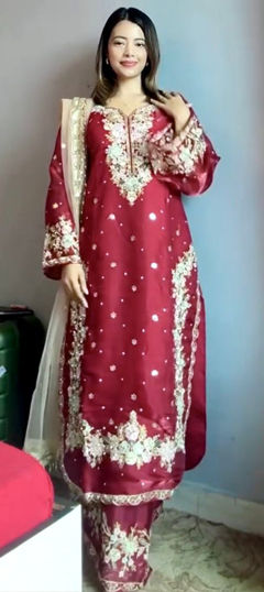 Red and Maroon color Salwar Kameez in Chinon Silk fabric with Embroidered, Moti, Sequence, Stone, Thread work