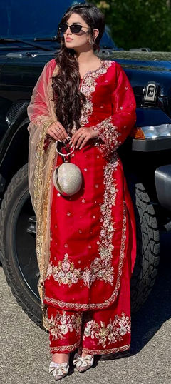 Red and Maroon color Salwar Kameez in Chinon Silk fabric with Embroidered, Moti, Sequence, Stone, Thread work