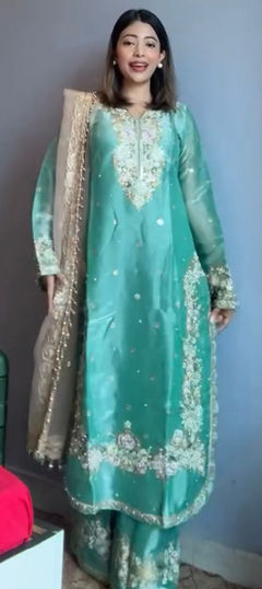 Blue color Salwar Kameez in Chinon Silk fabric with Embroidered, Moti, Sequence, Stone, Thread work