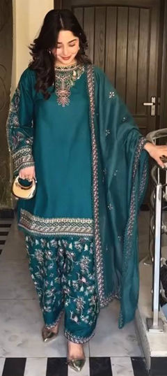 Blue color Salwar Kameez in Faux Georgette fabric with Embroidered, Thread work