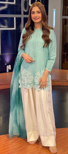 Blue color Salwar Kameez in Georgette fabric with Embroidered, Thread work