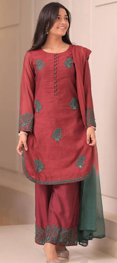 Red and Maroon color Salwar Kameez in Crepe Silk fabric with Embroidered, Thread work