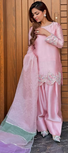 Pink and Majenta color Salwar Kameez in Crepe Silk fabric with Embroidered, Thread work