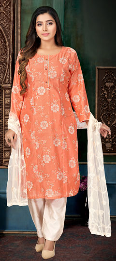 Pink and Majenta color Salwar Kameez in Chanderi Silk fabric with Printed work