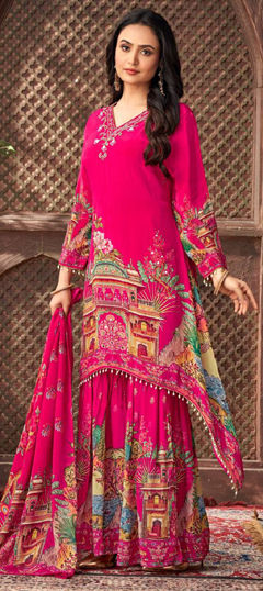 Pink and Majenta color Salwar Kameez in Faux Georgette fabric with Floral, Printed work